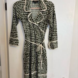 Huminska Faux Wrap Dress.  Olive green and white pattern.  Size 4